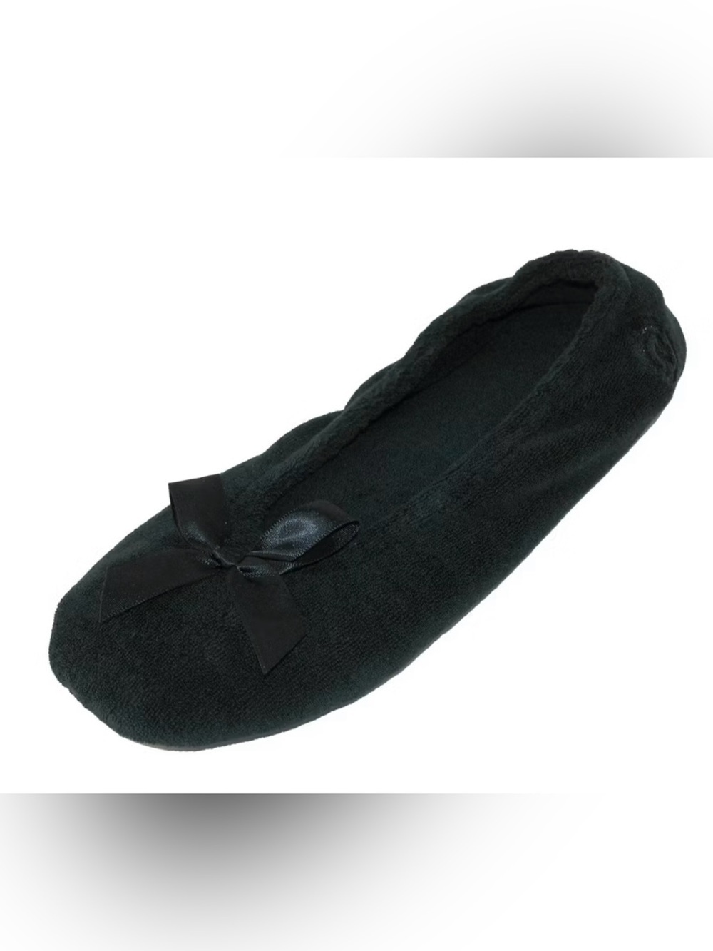 isotoner Black Plush Ballet Slippers with Satin Bows Size 8/9 - Picture 2 of 4